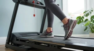 Safety clip and emergency stop button feature on a home electric treadmill.