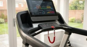 Detail view of a safety clip and emergency stop button on a motorised treadmill for home safety.