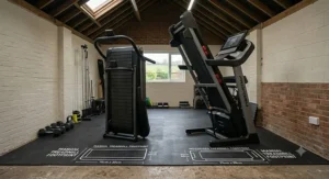 A detailed photorealistic photograph comparing the folded footprints of aisedised motorised treadmill and an ASSAULT manual curved treadmill, set side-by-side on the gym floor matting. Distinct white diagrammatic outlines are printed on the floor below them, clearly showing the exact size and dimensions of their stored configurations. Measurement labels are in 'cm'. The differences are immediately apparent.