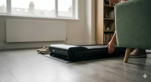 Compact treadmill being stored neatly under a living room sofa