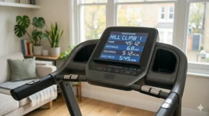 Clear digital display on a home treadmill showing training programmes and fitness stats.
