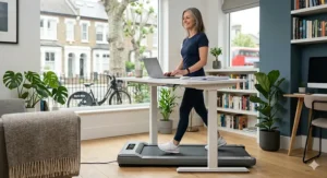 An under-desk treadmill for walking positioned in a home office, ideal for staying active while working.