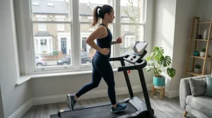 Person running comfortably on a quiet treadmill in a small flat.