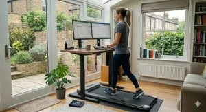 A slim under-desk walking pad treadmill positioned beneath a home office standing desk.