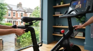 Side view showing adjustable seat and handlebar height on an exercise bike for maximum comfort.