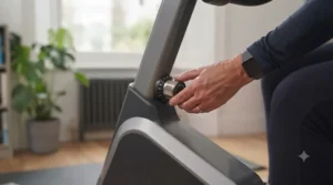A user adjusting the resistance level on their home recumbent bike.