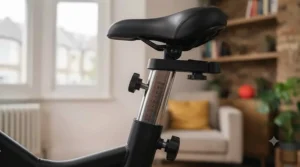 Close-up of adjustable ergonomic seat on an affordable spin bike.