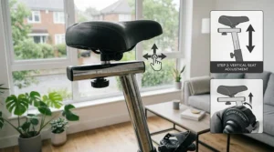 Side view showing the height-adjustable seat mechanism on a durable upright exercise bike.