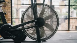 Close up of an air bike fan system showing air-based resistance