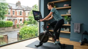 A beginner safely using a stationary bike at home to improve cardiovascular fitness.