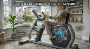 An illustration showing the physical benefits of regular cycling on an exercise bike for older people.