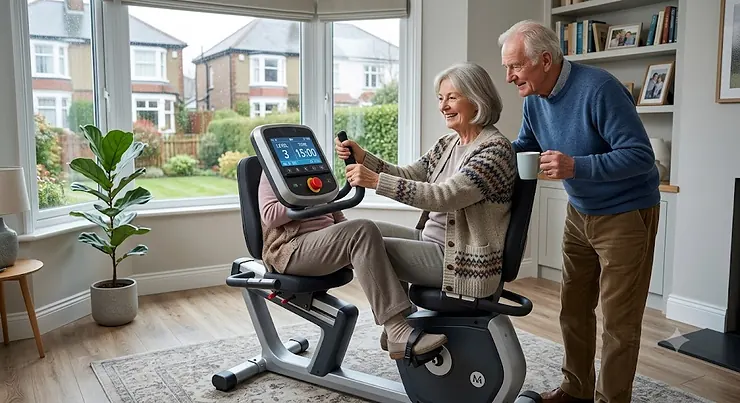 A healthy senior citizen using a comfortable exercise bike for seniors in a modern UK living room. exercise bike for seniors