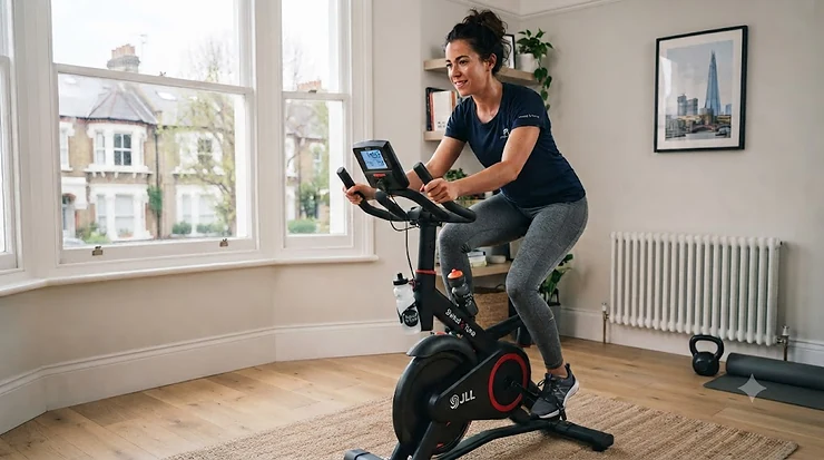 A woman training on a home exercise bike in a bright, modern room, ideal for a budget-friendly home workout. exercise bike under £300