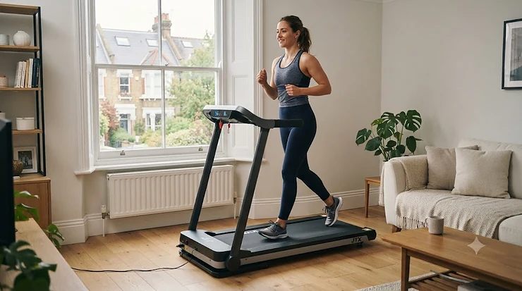 A compact folding treadmill set up in a modern British flat, highlighting space-saving design. folding treadmill for small flat