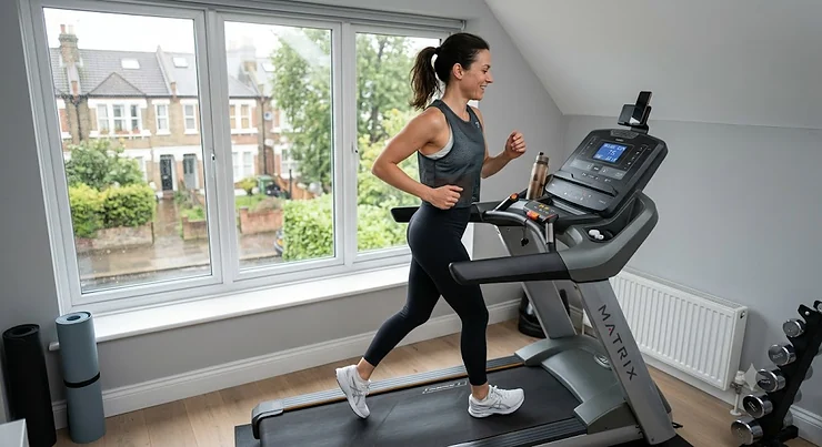 Person running on a high-spec incline treadmill in a bright home gym. best incline treadmill