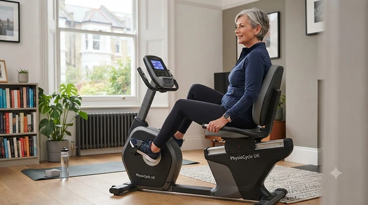 A person using a comfortable recumbent exercise bike for back pain relief in a home gym setting. recumbent bike for back pain