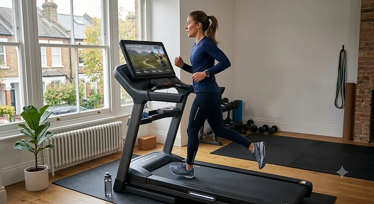 A candid, high-resolution photograph of a woman running on a modern smart treadmill within a stylish London home gym. best smart treadmill