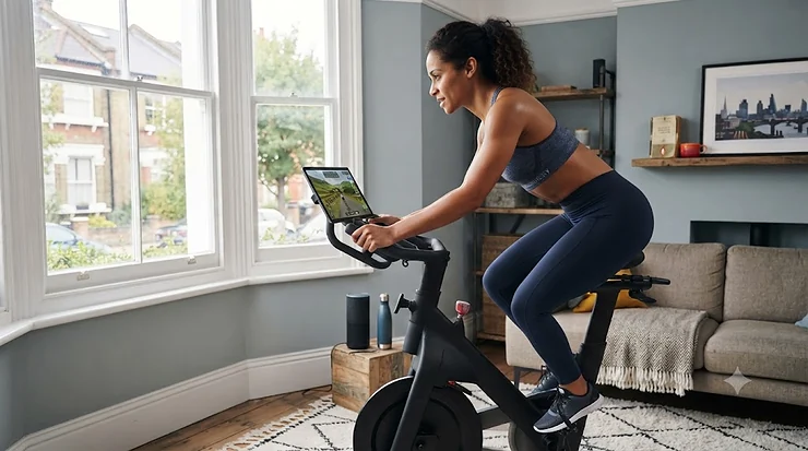 A person cycling on a high-quality spin bike in a modern UK living room, representing an effective home cardio workout. spin bike for home
