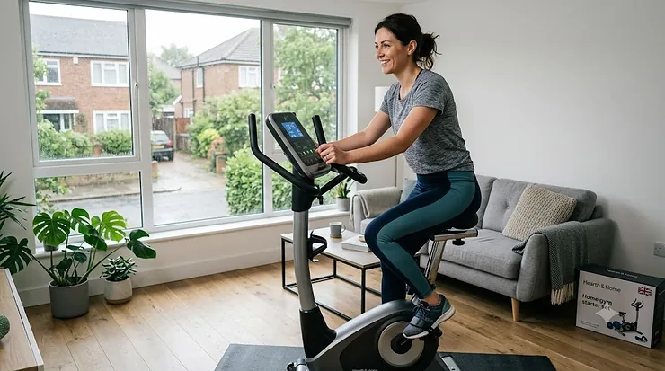 A person using an upright exercise bike in a modern UK home gym, focusing on ergonomic design and comfort. upright exercise bike