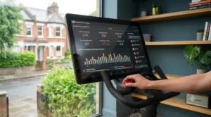A bright, easy-to-read LCD display on an exercise bike showing calories, speed, and distance cycled.