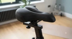 A focus shot highlighting the ergonomic, comfortable seat design of a premium home exercise bike.