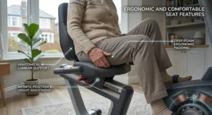 An elderly person exercising comfortably on an exercise bike with an ergonomic, supportive seat.