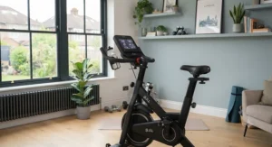 A compact exercise bike set up in a space-saving arrangement, ideal for a smaller London flat or home office.