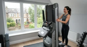 A space-saving incline treadmill folded upright to demonstrate home storage.