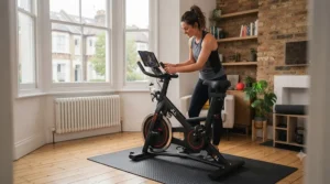 Close-up of the smooth belt drive system on a quiet indoor cycling bike.