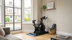 A compact indoor cycling bike positioned in the corner of a living room, ideal for small UK homes.