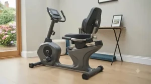A compact recumbent exercise bike positioned in a corner of a small room.
