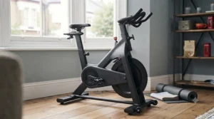 Compact, space-saving spin bike design, ideal for exercise in a small UK apartment or flat.