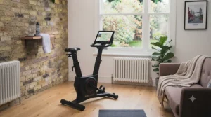 A compact upright exercise bike suited for small UK flats and home gyms.
