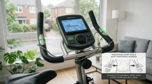 A compact upright exercise bike positioned in the corner of a living room, illustrating space-saving design.