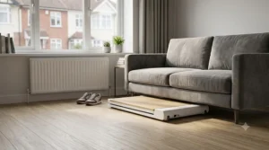 Slim walking pad folded and stored neatly under a living room sofa in a small flat.