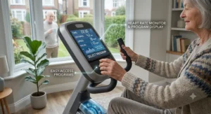 An elderly user monitoring their progress on the clear, easy-to-read digital display of an exercise bike.