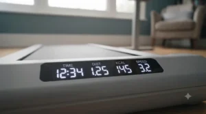 Digital LED display showing speed and distance on a compact walking pad