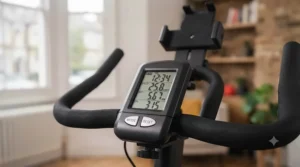Durable steel frame construction of a high-value spin bike for home use.