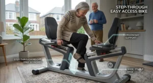 A step-through exercise bike for seniors, designed for easy access and reduced hip strain.