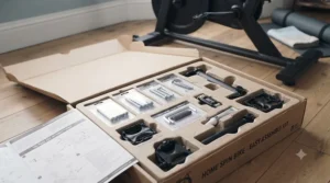Simplified assembly tools and instructions provided for setting up a new spin bike at home.