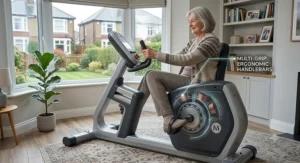 An older person enjoying a daily fitness routine on a home exercise bike to support healthy ageing.