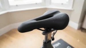A high-comfort, padded saddle on an indoor cycling bike designed for long-distance training sessions.