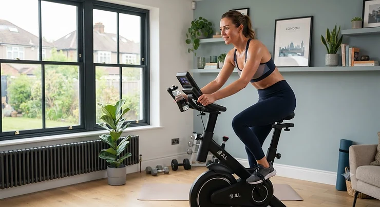 A high-quality image of a modern exercise bike positioned in a bright, contemporary British living room, showcasing a fitness routine for effective weight loss at home. exercise bike for weight loss