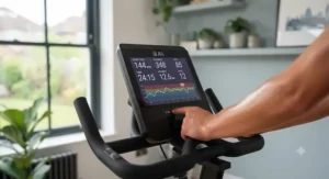 A view of an exercise bike screen displaying heart rate metrics, essential for monitoring fat-burning zones.