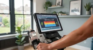 A clear, illustrated guide showing a structured 30-minute exercise bike HIIT session for weight loss.