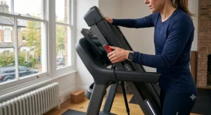 A compact, foldable smart treadmill designed for space-saving storage in a typical UK home or apartment.