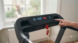 Close-up of the LED console on a space-saving treadmill for home workouts.
