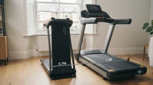 Side-by-side size comparison of a folding treadmill versus a standard gym machine.