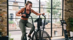 High-intensity interval training session on a fan-based air bike