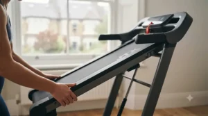 A close-up showing the easy folding mechanism of a treadmill designed for a small flat.
